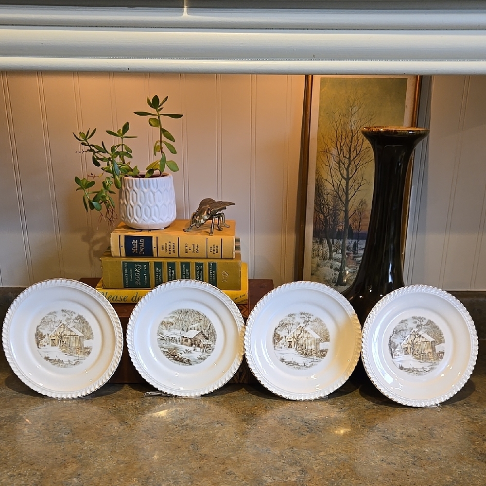Vintage Harkerwar Currier & Ives Dessert Plates Set of 4